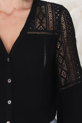 Myrna Top - V Neck Hollow Out Lace Detailed Button Down in Black