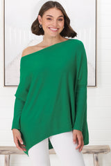 Belinda Knit Top - Boat Neckline Boxy Batwing Top in Green