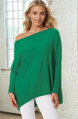 Belinda Knit Top - Boat Neckline Boxy Batwing Top in Green