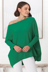 Belinda Knit Top - Boat Neckline Boxy Batwing Top in Green