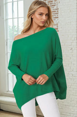 Belinda Knit Top - Boat Neckline Boxy Batwing Top in Green