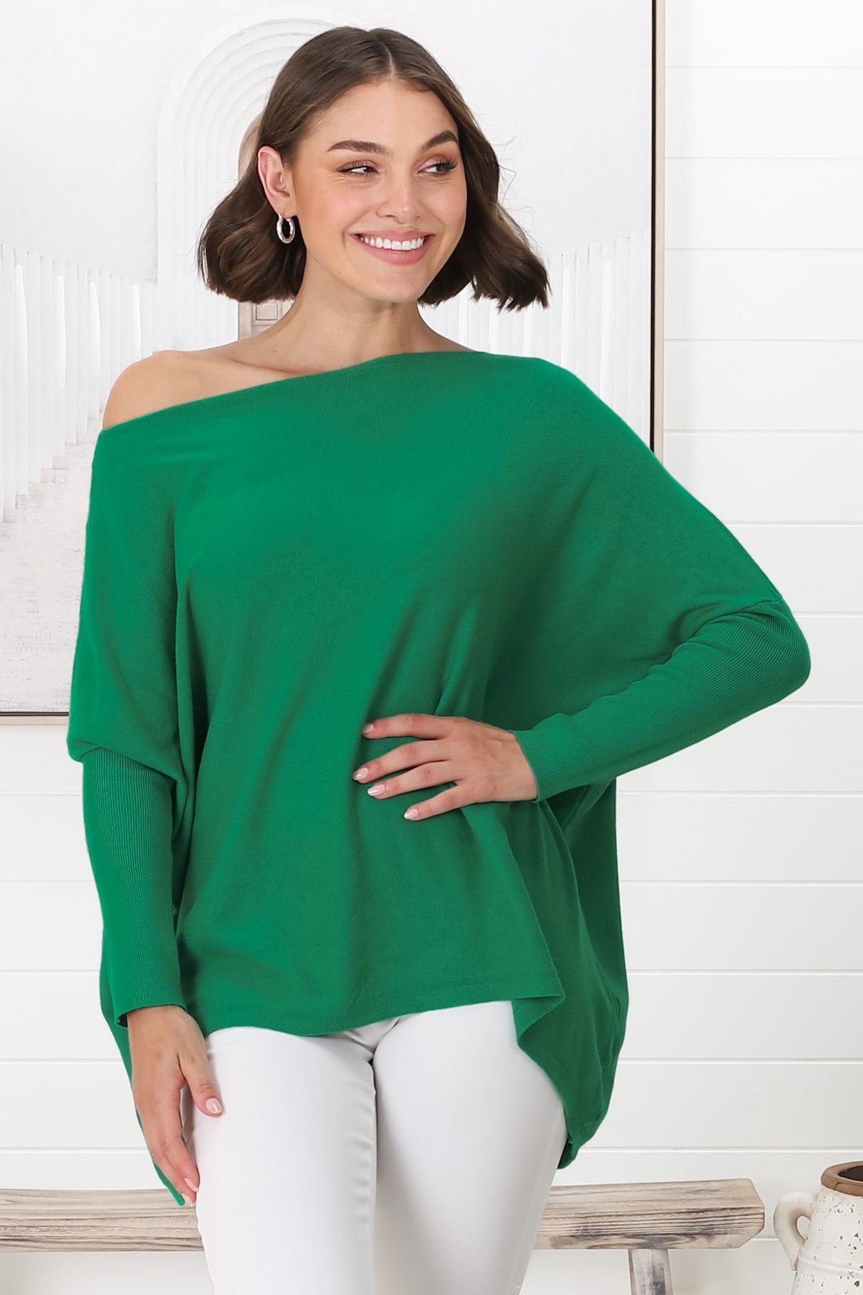 Belinda Knit Top - Boat Neckline Boxy Batwing Top in Green