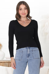 Martha Top - V Neck Basic Top with Long Sleeves in Black