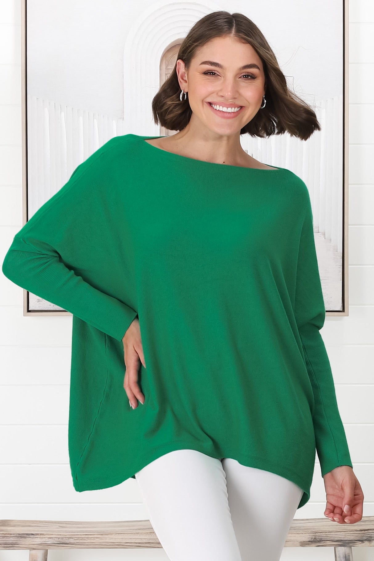 Belinda Knit Top - Boat Neckline Boxy Batwing Top in Green