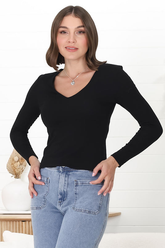 Martha Top - V Neck Basic Top with Long Sleeves in Black