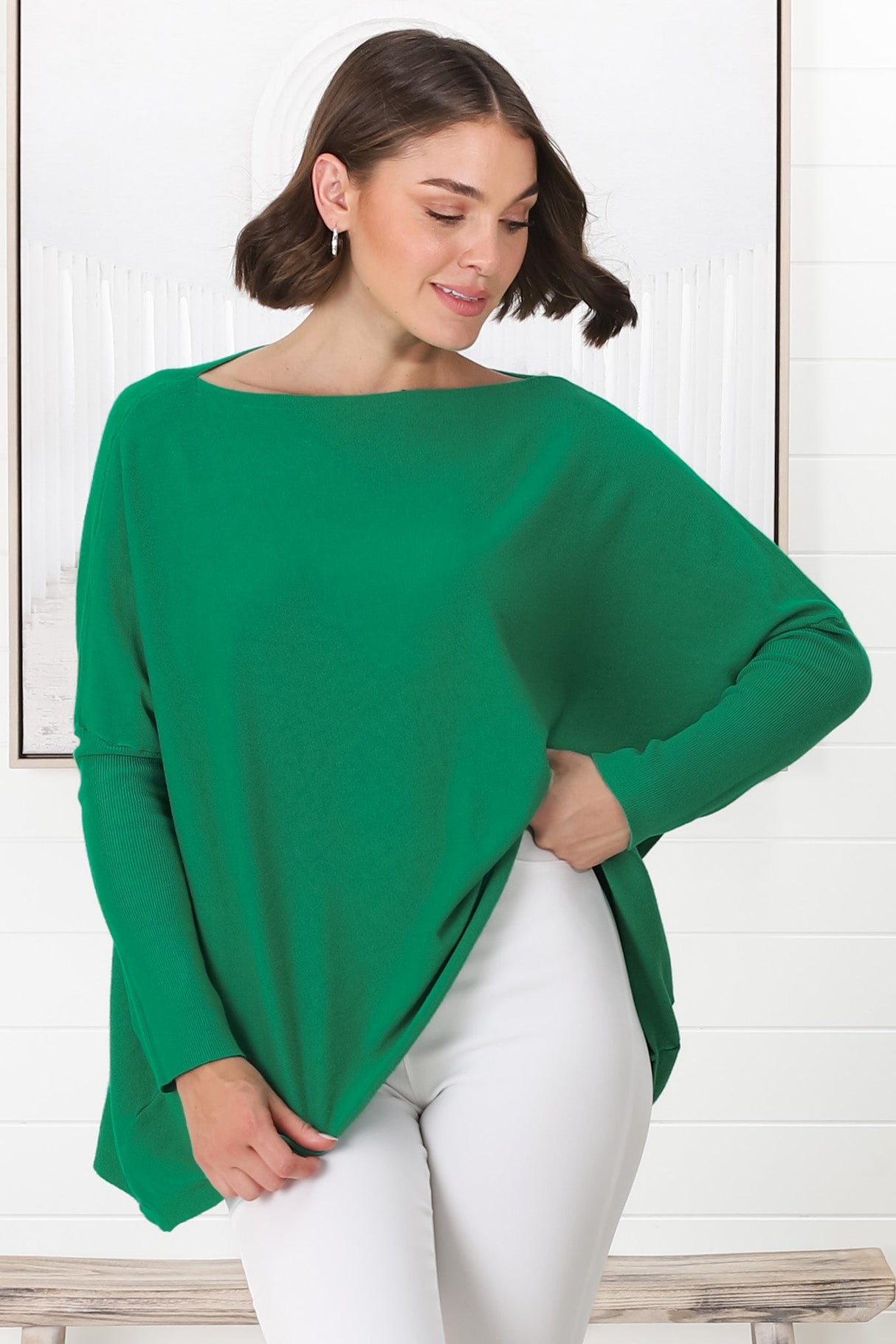 Belinda Knit Top - Boat Neckline Boxy Batwing Top in Green