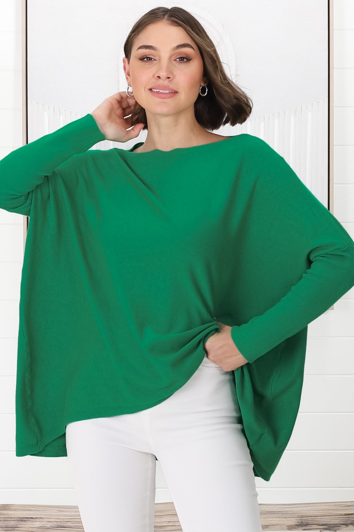 Belinda Knit Top - Boat Neckline Boxy Batwing Top in Green