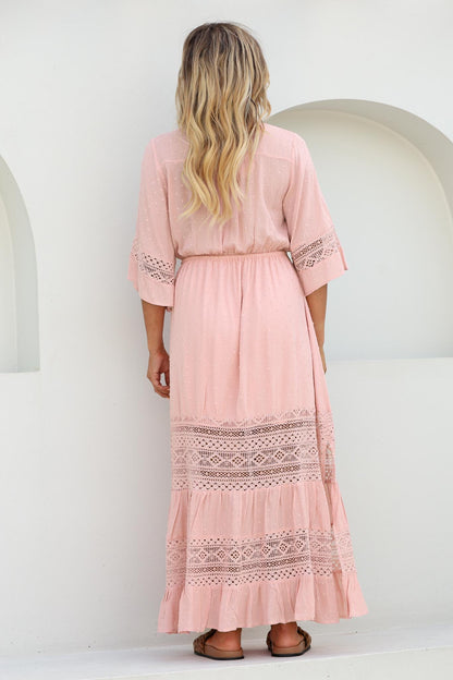 Kaely Maxi Dress - Delicate Lace Panel Detailed A Line Dress in Pink