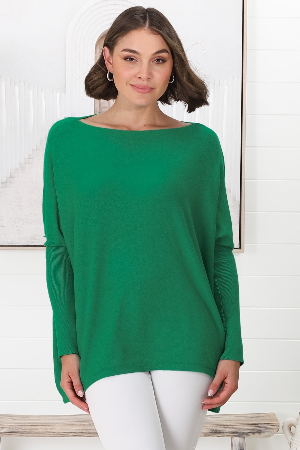 Belinda Knit Top - Boat Neckline Boxy Batwing Top in Green