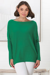 Belinda Knit Top - Boat Neckline Boxy Batwing Top in Green