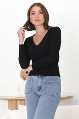 Martha Top - V Neck Basic Top with Long Sleeves in Black