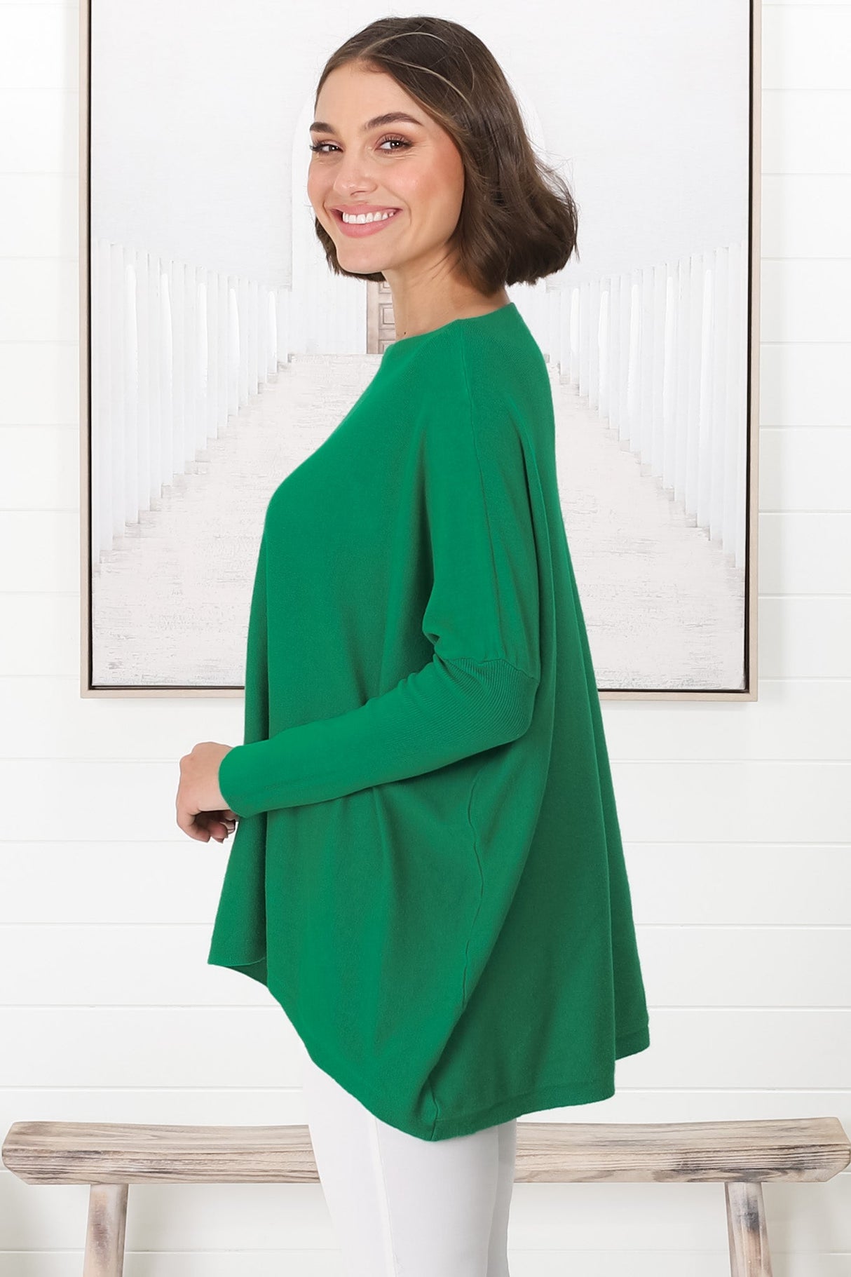 Belinda Knit Top - Boat Neckline Boxy Batwing Top in Green