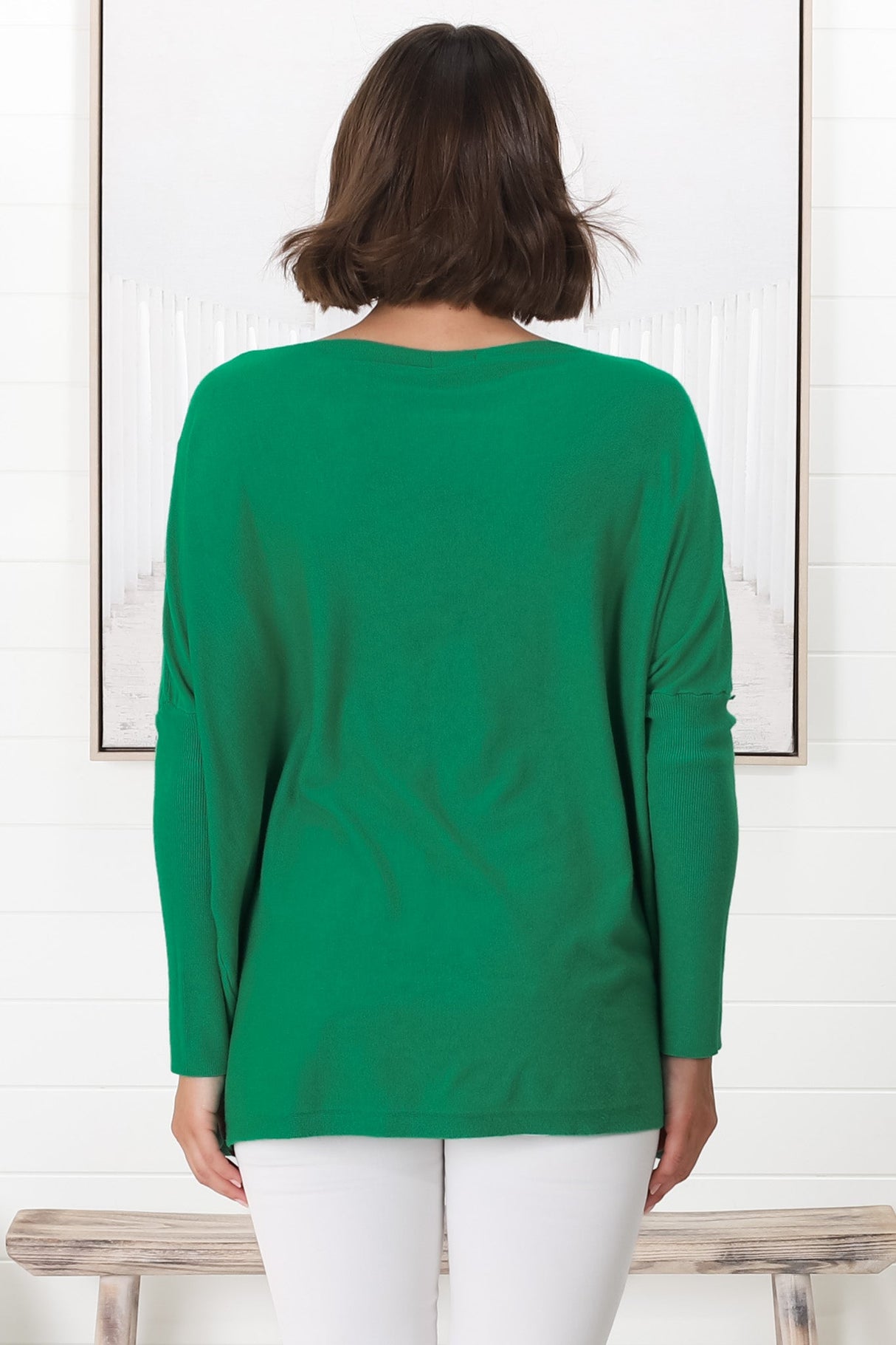 Belinda Knit Top - Boat Neckline Boxy Batwing Top in Green