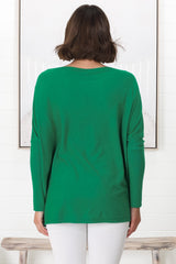 Belinda Knit Top - Boat Neckline Boxy Batwing Top in Green