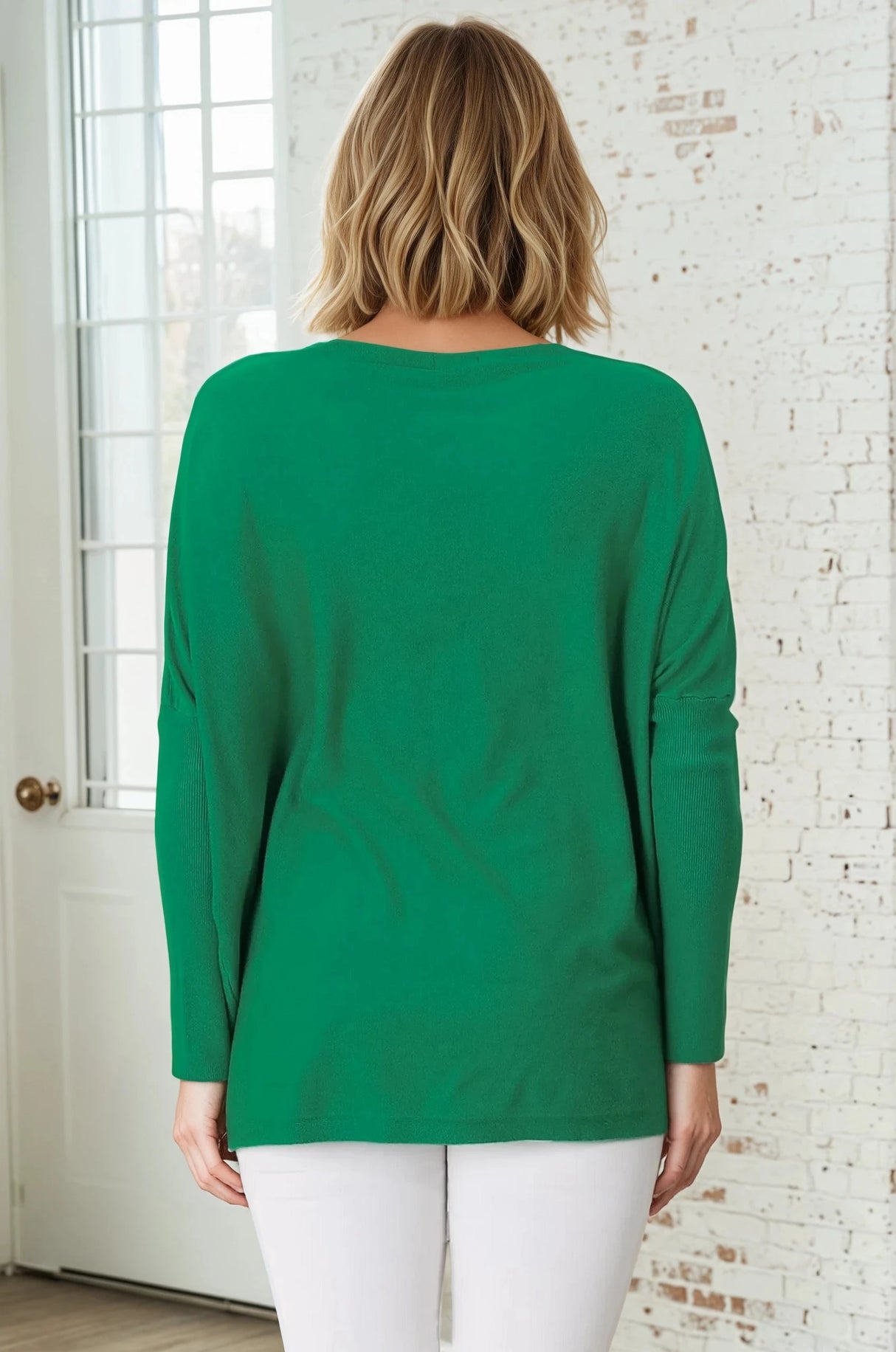 Belinda Knit Top - Boat Neckline Boxy Batwing Top in Green