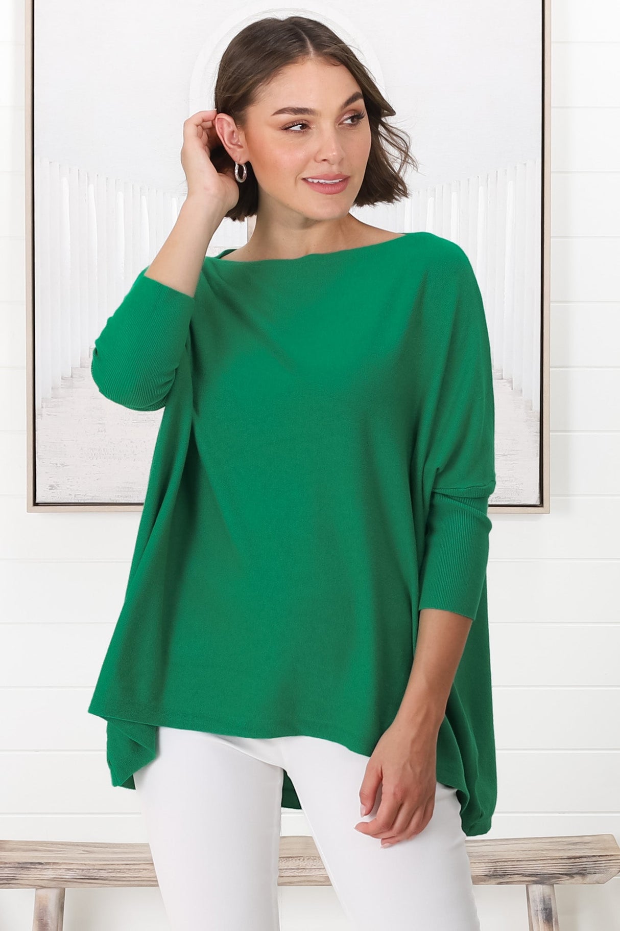 Belinda Knit Top - Boat Neckline Boxy Batwing Top in Green