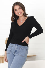 Martha Top - V Neck Basic Top with Long Sleeves in Black