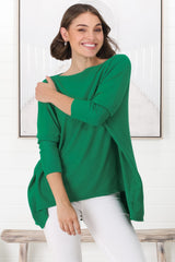 Belinda Knit Top - Boat Neckline Boxy Batwing Top in Green