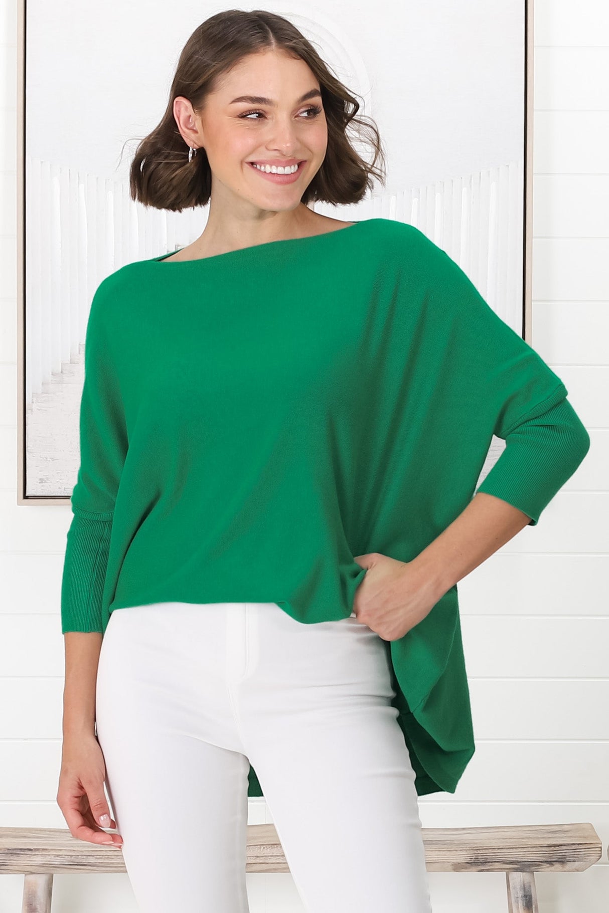 Belinda Knit Top - Boat Neckline Boxy Batwing Top in Green