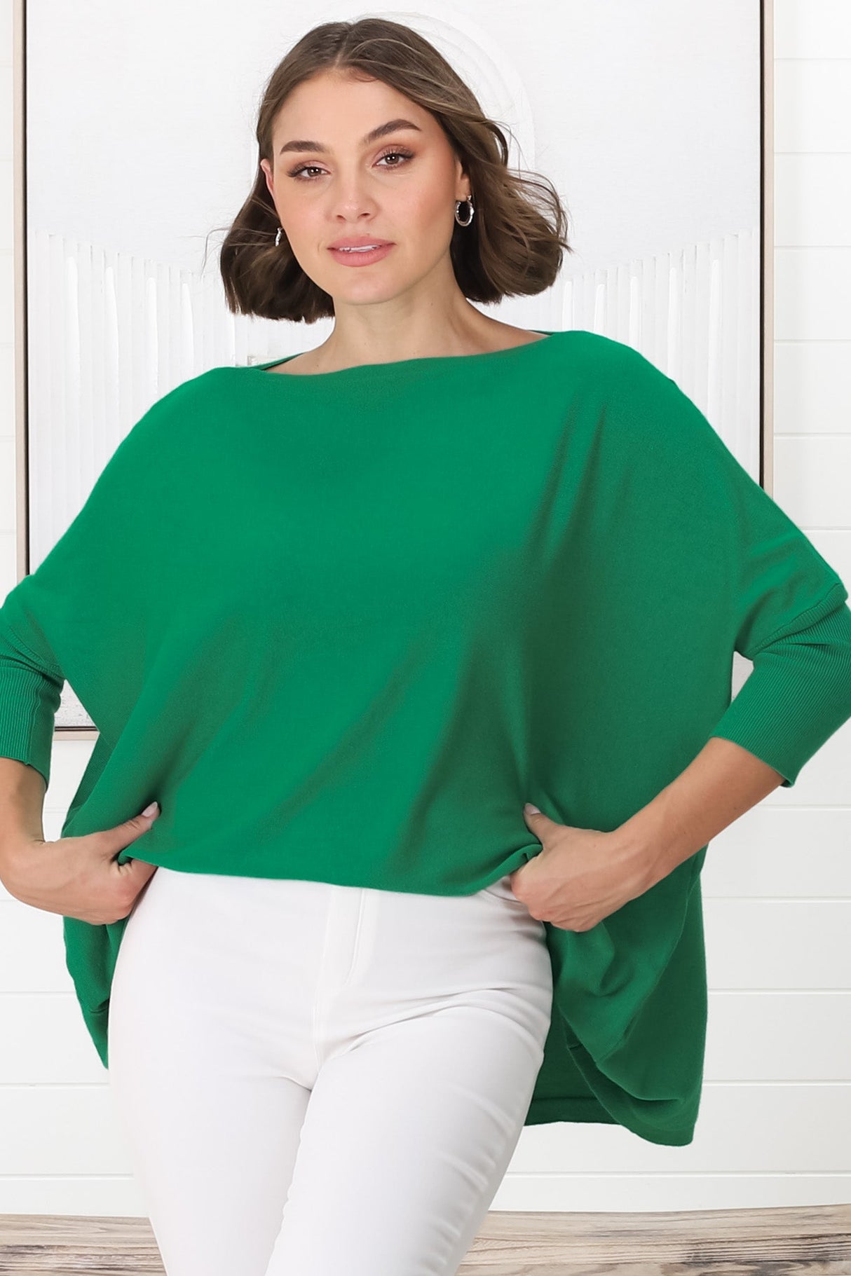 Belinda Knit Top - Boat Neckline Boxy Batwing Top in Green