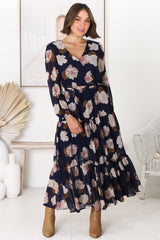 Valina Maxi Dress - Cross Over V Neckline Tiered Dress in Vika Print Navy