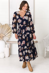 Valina Maxi Dress - Cross Over V Neckline Tiered Dress in Vika Print Navy