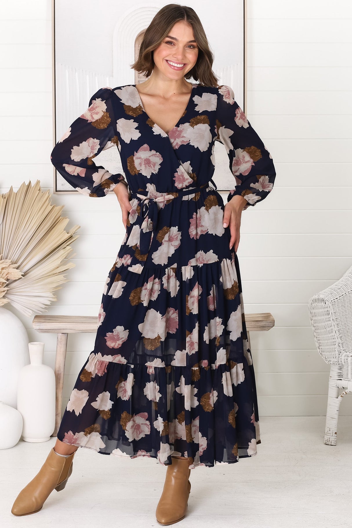 Valina Maxi Dress - Cross Over V Neckline Tiered Dress in Vika Print Navy