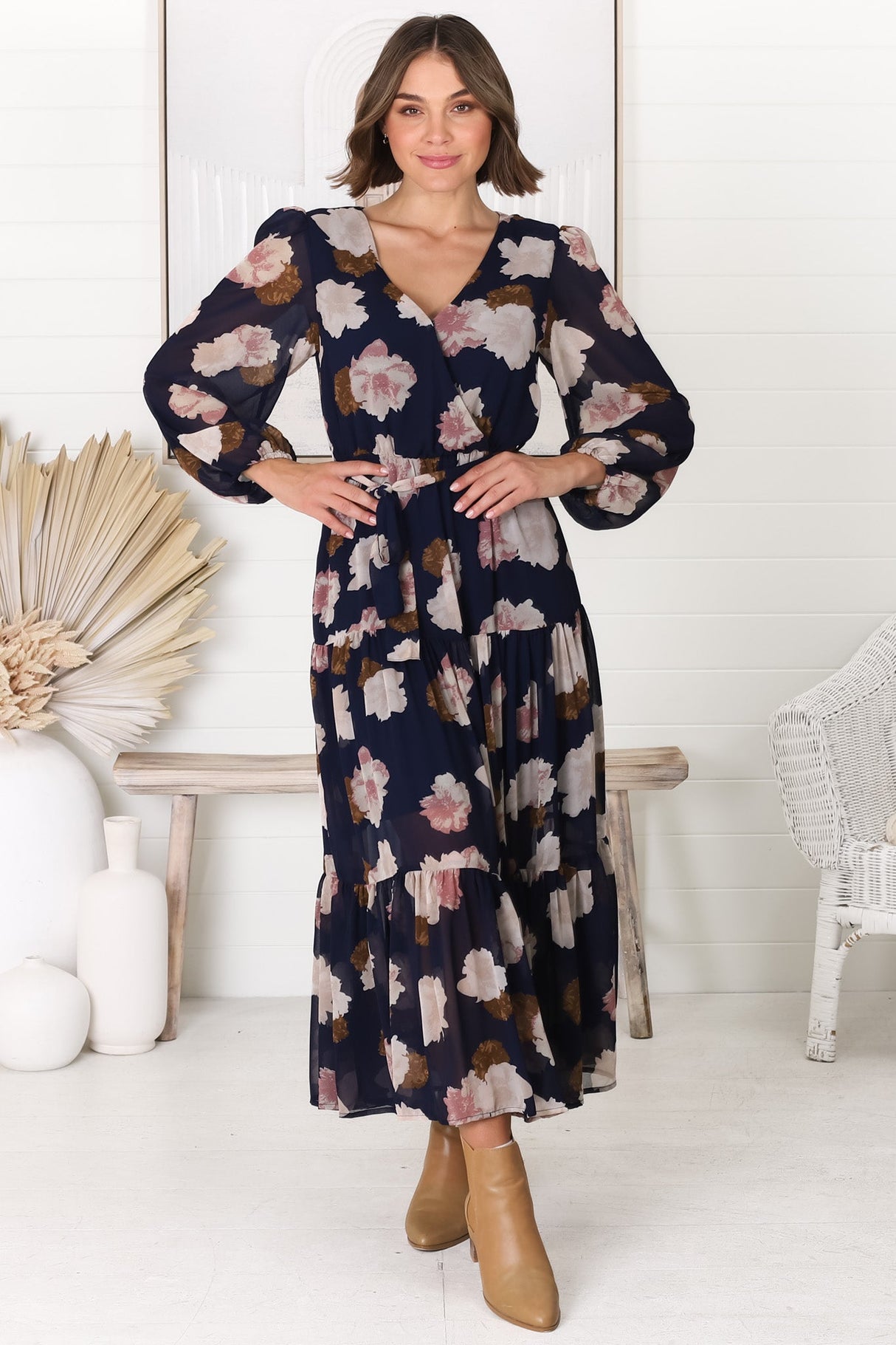 Valina Maxi Dress - Cross Over V Neckline Tiered Dress in Vika Print Navy