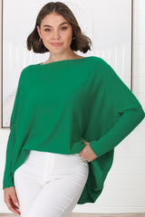 Belinda Knit Top - Boat Neckline Boxy Batwing Top in Green