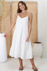 Rinley Midi Dress - Adjustable Strap Tiered Dress in White