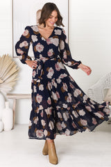 Valina Maxi Dress - Cross Over V Neckline Tiered Dress in Vika Print Navy