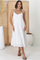 Rinley Midi Dress - Adjustable Strap Tiered Dress in White