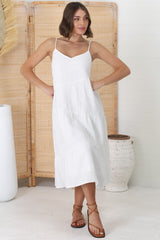Rinley Midi Dress - Adjustable Strap Tiered Dress in White