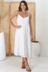 Rinley Midi Dress - Adjustable Strap Tiered Dress in White