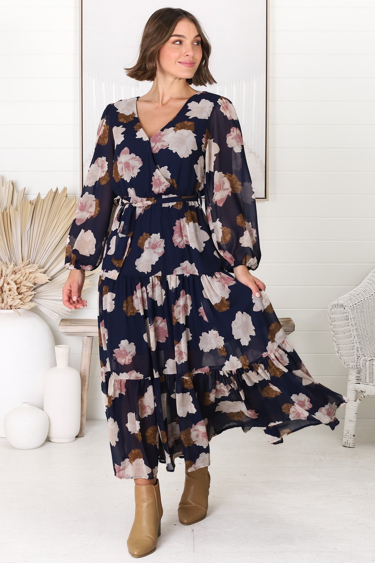 Valina Maxi Dress - Cross Over V Neckline Tiered Dress in Vika Print Navy