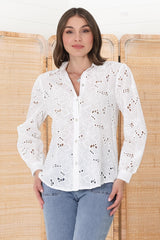 Raelynn Shirt - Button Down Hollow Out Embroidered Shirt in White