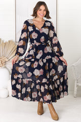 Valina Maxi Dress - Cross Over V Neckline Tiered Dress in Vika Print Navy