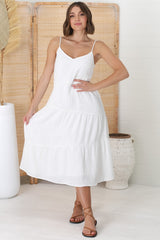 Rinley Midi Dress - Adjustable Strap Tiered Dress in White