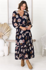 Valina Maxi Dress - Cross Over V Neckline Tiered Dress in Vika Print Navy