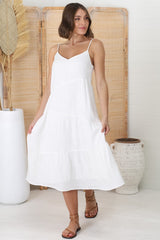 Rinley Midi Dress - Adjustable Strap Tiered Dress in White