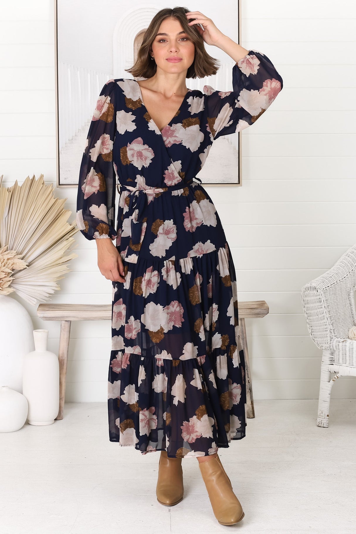 Valina Maxi Dress - Cross Over V Neckline Tiered Dress in Vika Print Navy