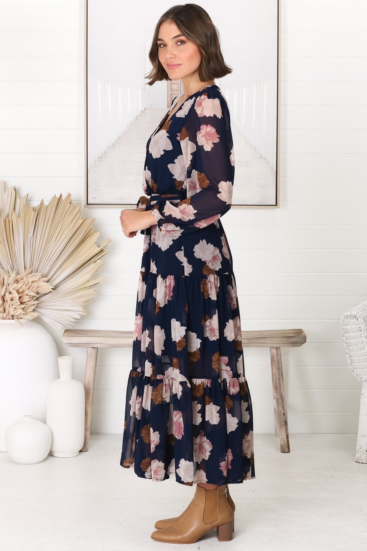 Valina Maxi Dress - Cross Over V Neckline Tiered Dress in Vika Print Navy