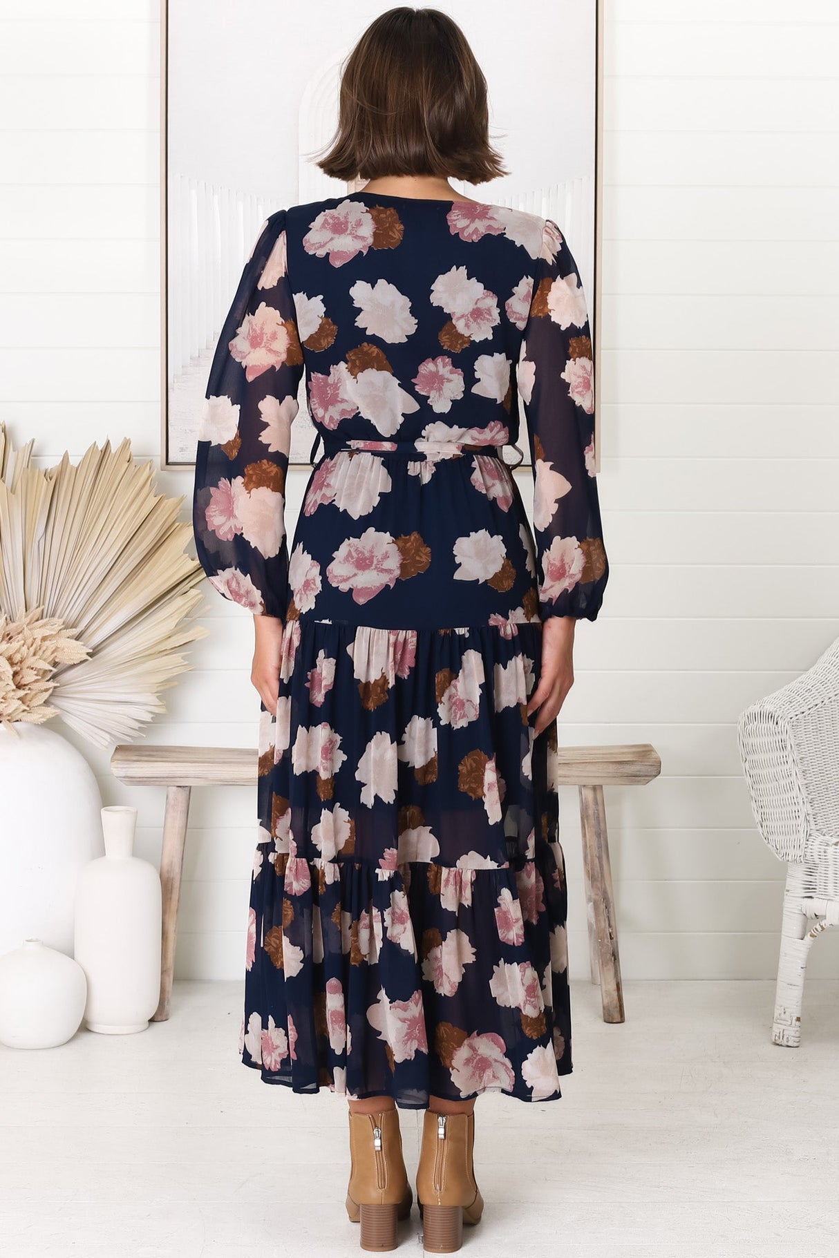 Valina Maxi Dress - Cross Over V Neckline Tiered Dress in Vika Print Navy