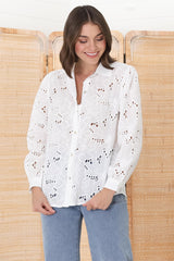 Raelynn Shirt - Button Down Hollow Out Embroidered Shirt in White