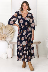 Valina Maxi Dress - Cross Over V Neckline Tiered Dress in Vika Print Navy