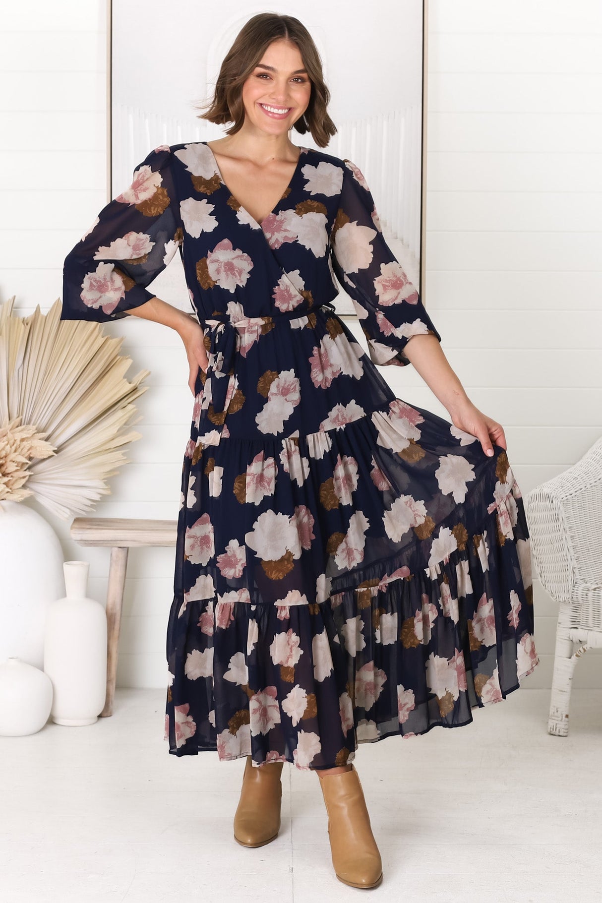 Valina Maxi Dress - Cross Over V Neckline Tiered Dress in Vika Print Navy