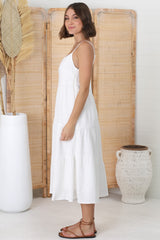 Rinley Midi Dress - Adjustable Strap Tiered Dress in White