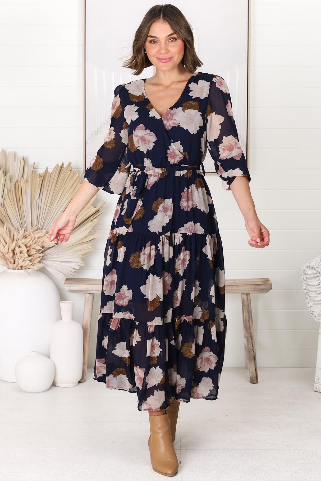 Valina Maxi Dress - Cross Over V Neckline Tiered Dress in Vika Print Navy