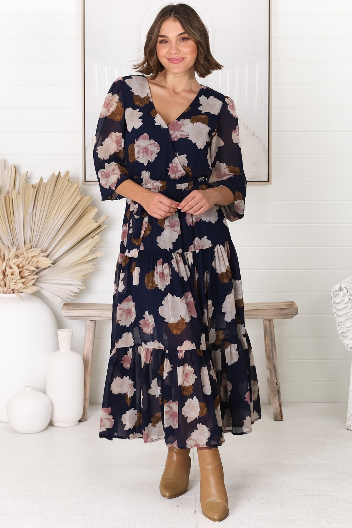 Valina Maxi Dress - Cross Over V Neckline Tiered Dress in Vika Print Navy