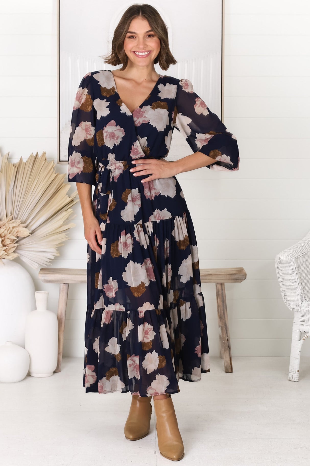 Valina Maxi Dress - Cross Over V Neckline Tiered Dress in Vika Print Navy